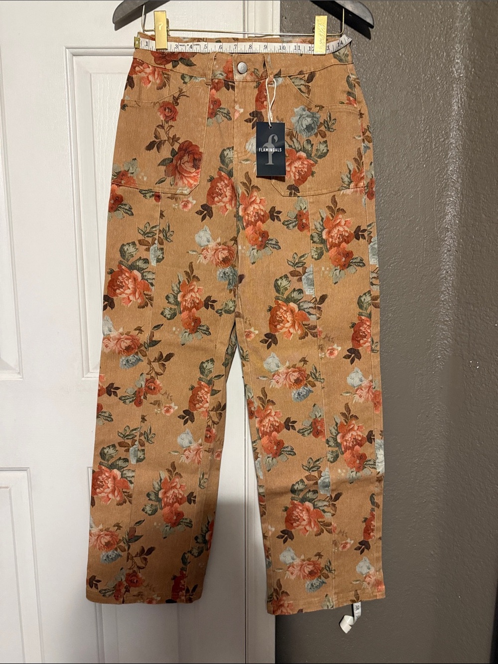Flamingals Floral Jeans- Tan with Rose Print